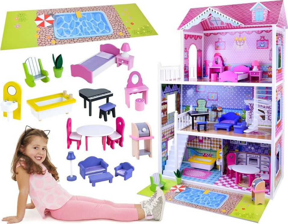 Jokomisiada DUŻY drevený Domček pre bábiky BARBIE meble (ZA2122)