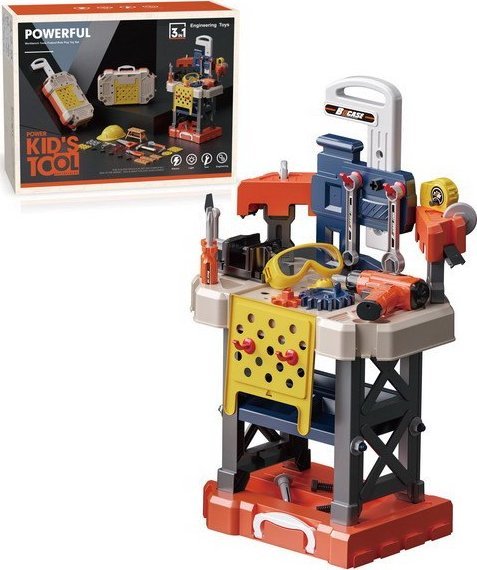 Jokomisiada Sada Malého Majsterkowicza 3w1 pre deti 3+ Stolik + Walizka na kółkach + Walizka z rączką + Wkrętarko-wietarka + 78 el.