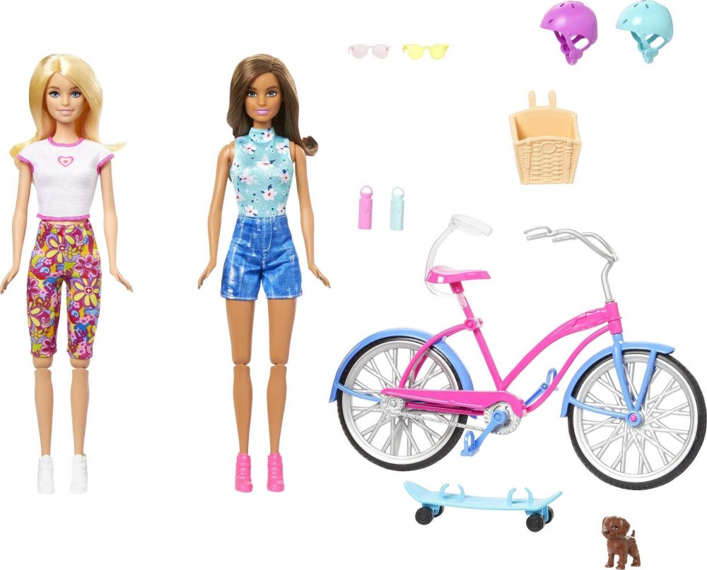 Mattel Zestaw: 2 lalki + rower plażowy + deskorolka + akcesoria (HJY84)