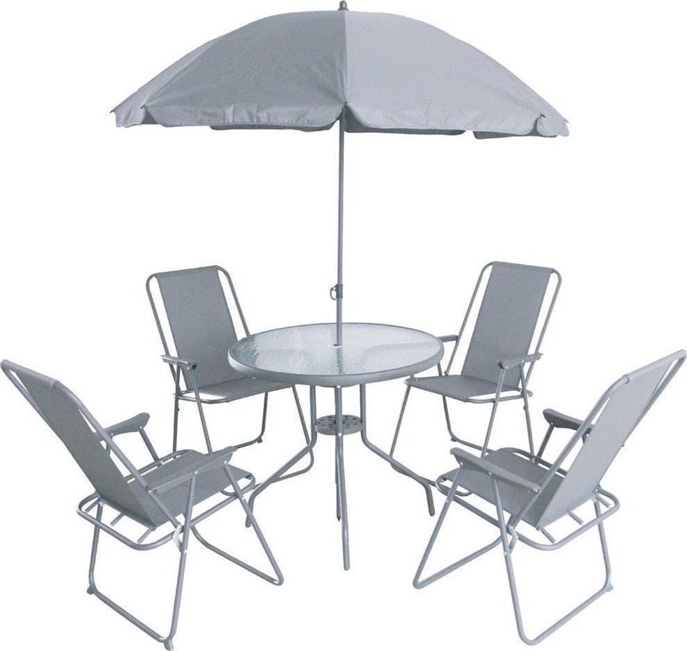 Saska Garden Sada mebli záhradných ookrúhly stôl 4 kreslá i parasol tmavé Sivý