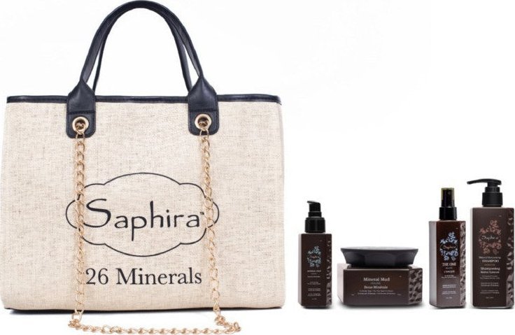 Kerastase Saphira Steppin-Out Bag plaukų priežiūros priemonių rinkinys: šampón, kaukė, daugiafunkcė priemonė plaukams, aliejus, rankinė