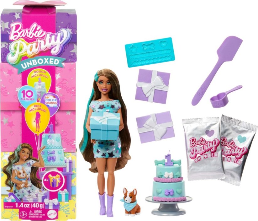 Mattel „Barbie Party Unboxed Reveal“ siurprizų rinkinys - tamsiaplaukė lėlė