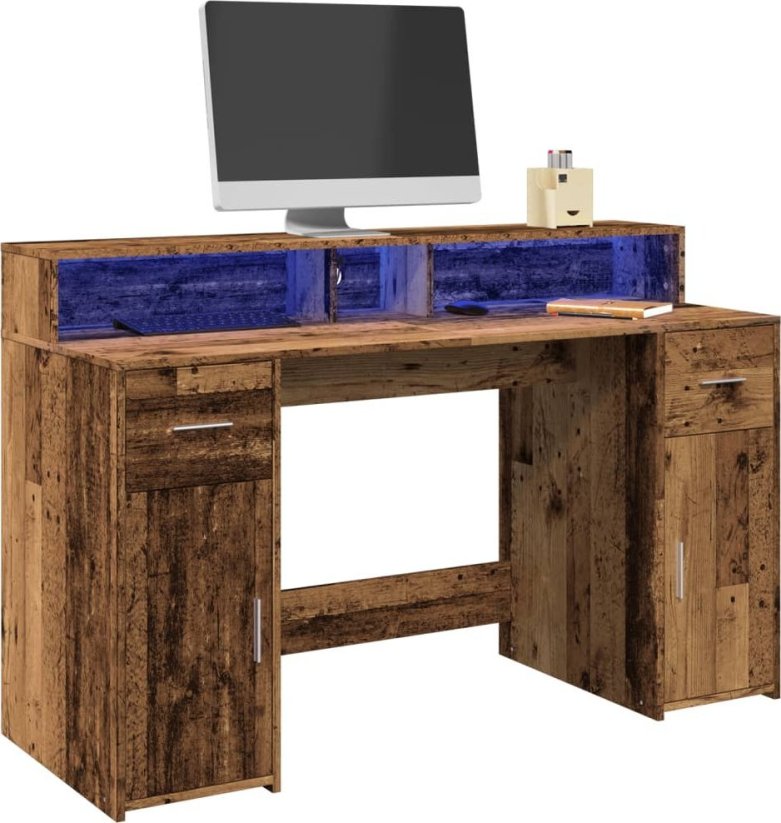 vidaXL Biurko z podświetleniem LED, stare drevo, 140x55x91 cm