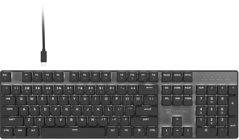 Natec Amberjack | Klawiatura | przewodowa | US | Linear | biele podświetlenie, Hot-swappable switches, Anti-ghosting, Built-in memory, Macro recording | Čierny/Gray (NKL-2391)
