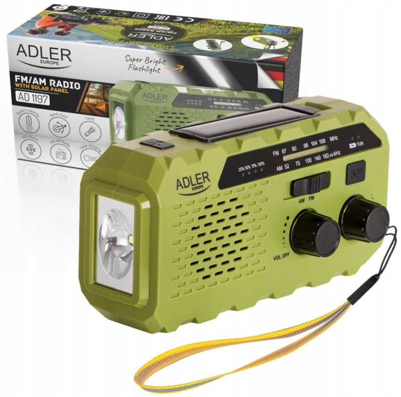 Adler Radio solarne z korbką AD 1197 G power bank, batérka