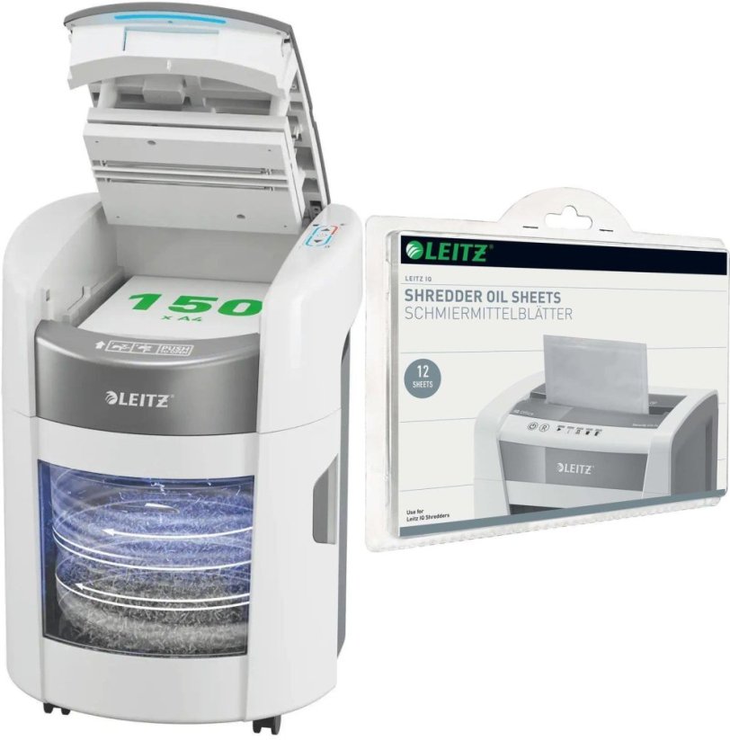 Leitz IQ OptiMax Autofeed Home Office 150 P-4 211 W + Arkusze do smarowania ostrzy niszczarki 12 szt.