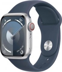 Apple Watch Series 9 GPS + Cellular, 41mm Koperta z aluminium w farbaze strieborným z paskiem sportowy w farbaze sztormowego błękitu - M/L