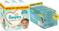 Pampers Pampersy Premium Care 7, 15+ kg, 99 szt. +1200szt. chusteczek Freshclean