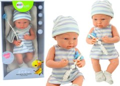 LeanToys Bábika Bobas w Biało-Modrým Ubranku Czapeczka Smoczek Śliniaczek Kołderka