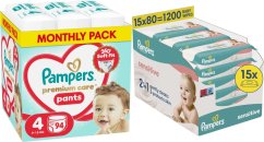 Pampers Pieluchomajtki Premium Care 4 9-15 kg, 94 szt. +1200szt. chusteczek Sensitive