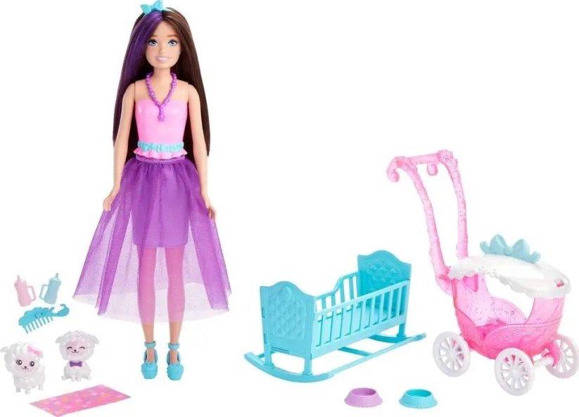 Barbie Bábika BARBIE SKIPPER Z WÓZKIEM I BOBASAMI OWIECZKI Kočiar HLC29 Dreamtopia