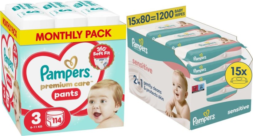 Pampers Pieluchomajtki Premium Care 3 6-11 kg, 114 szt. +1200szt. chusteczek Sensitive