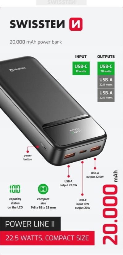 Swissten SWISSTEN, Powerbank, POWER LINE II, Li-Pol, 5/9/12V, do �adowania telefon�w i innych urz�dze�, 22013947, 20000mAh, Čierna