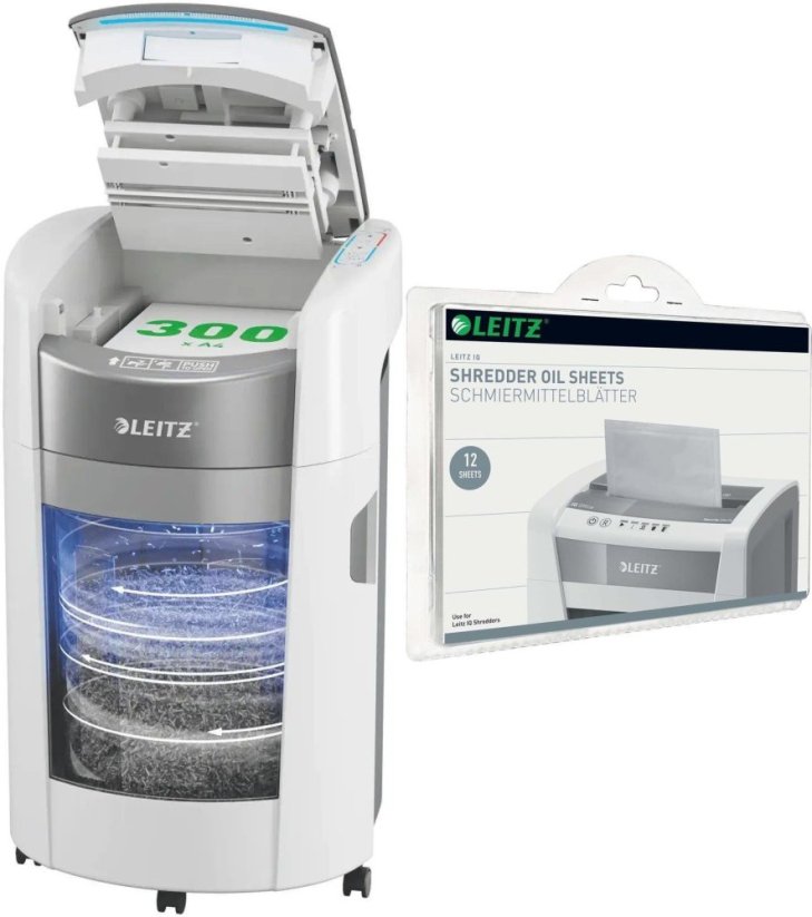 Leitz IQ OptiMax Autofeed Office 300 P-5 280 W + Arkusze do smarowania ostrzy niszczarki 12 szt.