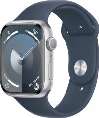 Apple Watch Series 9 GPS, 45mm Koperta z aluminium w farbaze strieborným z paskiem sportowy w farbaze sztormowego błękitu - S/M