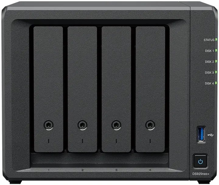 Synology | 4-zatokowy serwer NAS, AMD Ryzen, 4GB RAM, 2x 2.5GbE RJ-45, 2x M.2 NVME, Tower (DS925NEO+)