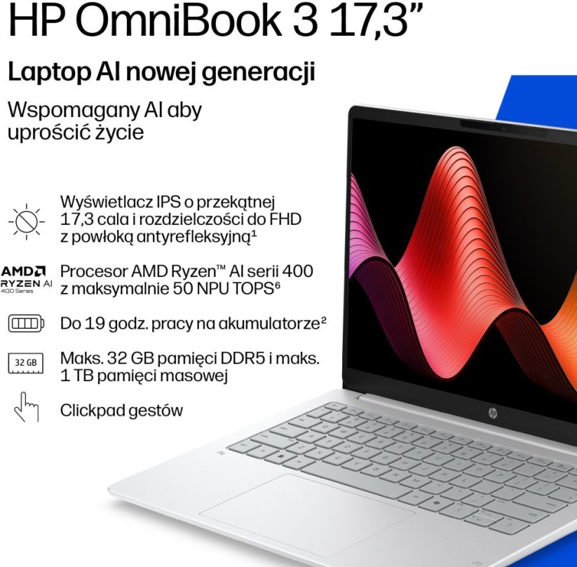 HP OmniBook 3 Notebook Next Gen AI 17-dm0001nwx Copilot+ PC AMD Ryzen AI 7 445 43,9 cm (17.3") Full HD 16 GB DDR5-SDRAM 512 GB SSD Wi-Fi 7 (802.11be) Windows 11 Pro Sivý, strieborný (D9MA1EA)