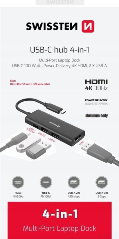 Swissten 4in1 USB-C Hub Stacja dokująca Notebooka z wieloma portami USB-C 100W / HDMI 4K / 2x USB-A
