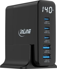 Manhattan InLine® USB PD Netzteil, GaN Ladegerät, 5-Port, USB-C + USB-A, 140W, mit Display