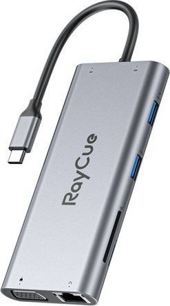 RayCue Hub 11w1 RayCue USB-C do 2x USB-A 2.0 480Mbps + 3x USB-A 3.2 5Gbps + SD/TF 3.0 + HDMI 4K30Hz + VGA 1080p + RJ45 + PD 3.0 100W (Sivý)