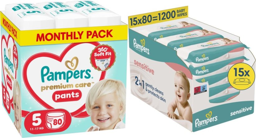 Pampers Pieluchomajtki Premium Care 5 11-17 kg, 80 szt. +1200szt. chusteczek Sensitive