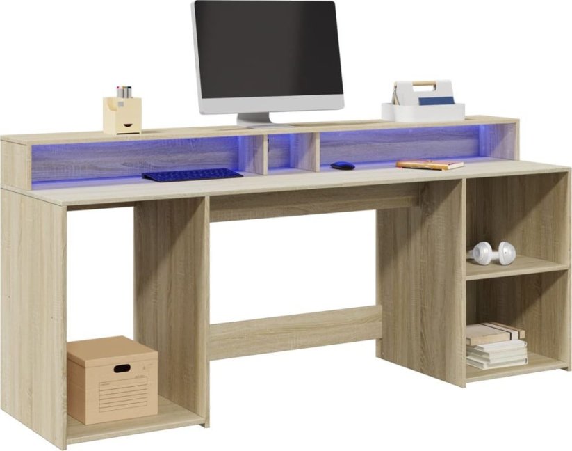vidaXL Biurko z podświetleniem LED, dub sonoma, 200x55x91 cm