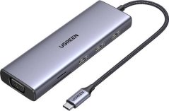 Ugreen Hub USB-C Ugreen CM498, 3x USB 3.0, HDMI 4k 30Hz, VGA, RJ45, SD/TF, PD 100W (Sivý)