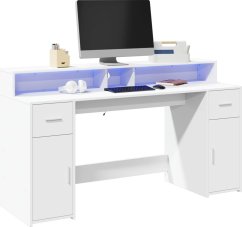 vidaXL Biurko z podświetleniem LED, biele, 160x55x91 cm