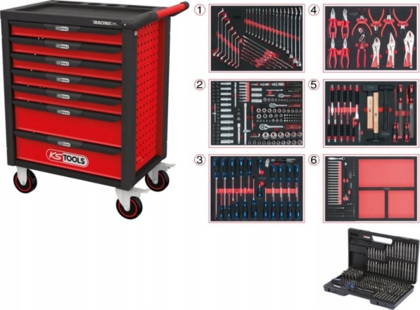KS Tools Įrankių vežimėlis RACINGline, 7 stalčiai +598vnt įrankių, KS Tools