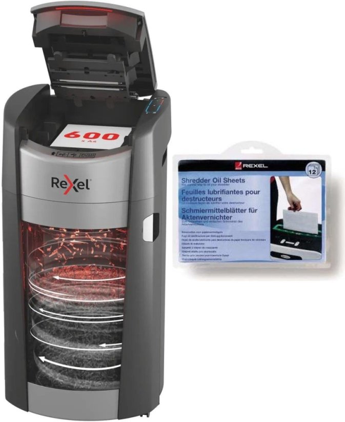 Rexel ShredMax AutoFeed+ 600X P-4 490 W + Arkusze olejowe do niszczarki 12 szt.