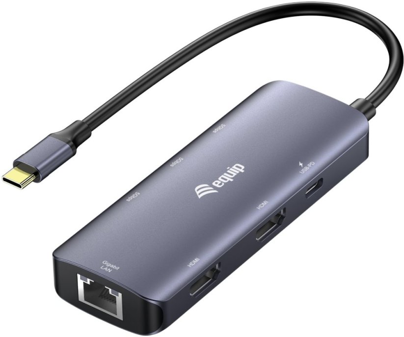 Equip USB-C->2xHDMI/RJ45/2xUSB-A/USB-C3.2 St/Bu Sivý (133501)