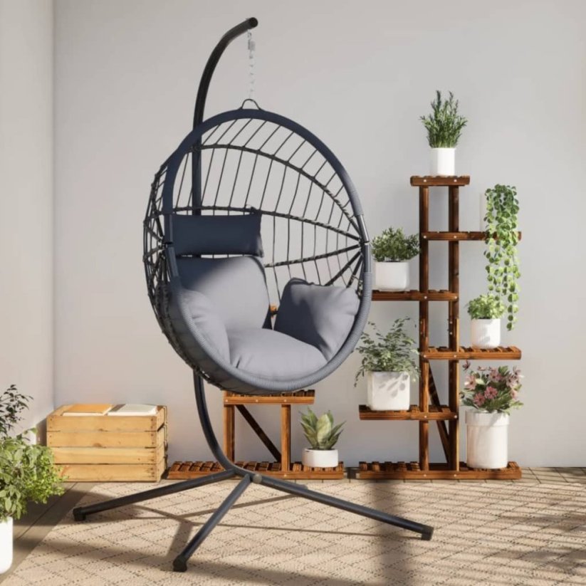 vidaXL Wiszące kreslo kokon ze stojakiem, sivé, rattan i stal