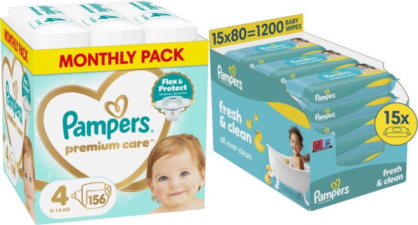 Pampers Pampersy Premium Care 4, 9-14 kg, 156 szt. +1200szt. chusteczek Freshclean