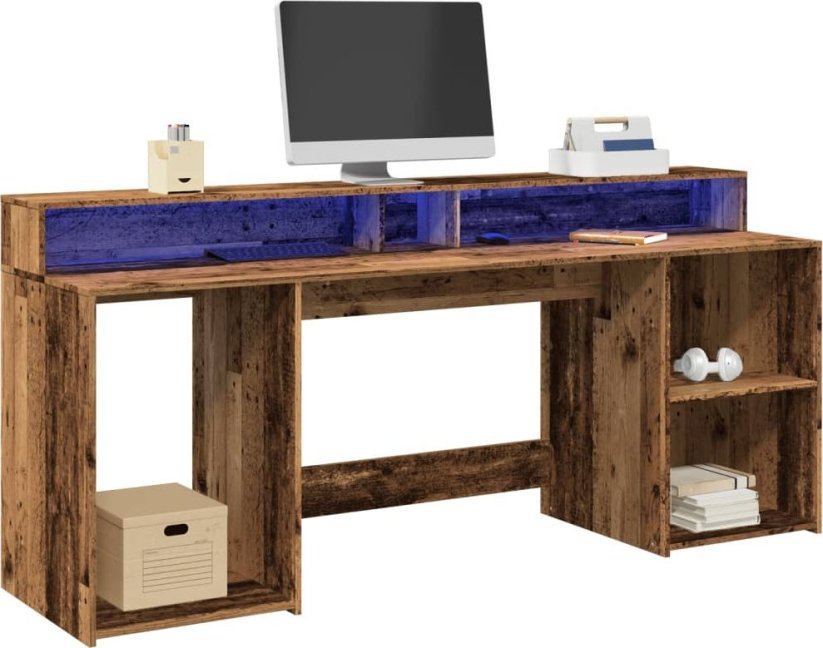 vidaXL Biurko z podświetleniem LED, stare drevo, 200x55x91 cm