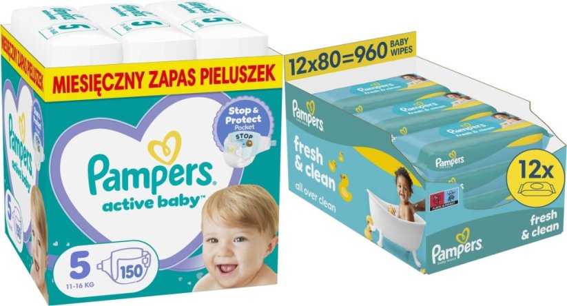 Pampers Pieluchy Active Baby 5, 11-16 kg, 150 szt. +960szt. chusteczek Freshclean