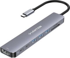 NoName Hub 8w1 Lention USB-C do 3x USB 3.0 + SD/TF + PD + USB-C + HDMI 4K60Hz (Sivý)