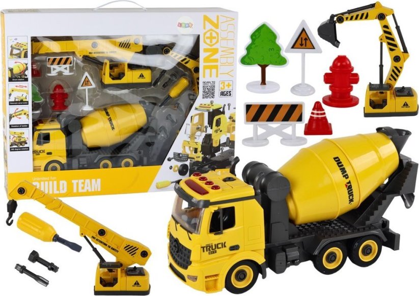 LeanToys Odrážadloy Budowlane Dźwięk Światła 1:12 DIY Betoniarka Dźwig Koparka