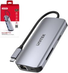 Unitek Unitek Aktywny hub USB-C 5Gbps, 2x HDMI 4K, czytnik kart, RJ-45, PD 100W