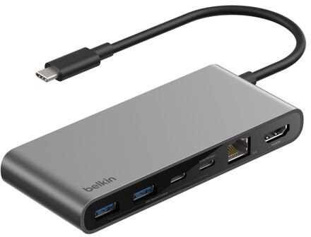 Belkin Hub USB-C 10 Gbps, 2 x USB-A, PD 100W, HDMI 2.0, RJ45 2,5 Gbps, SD 3.0, Sivý