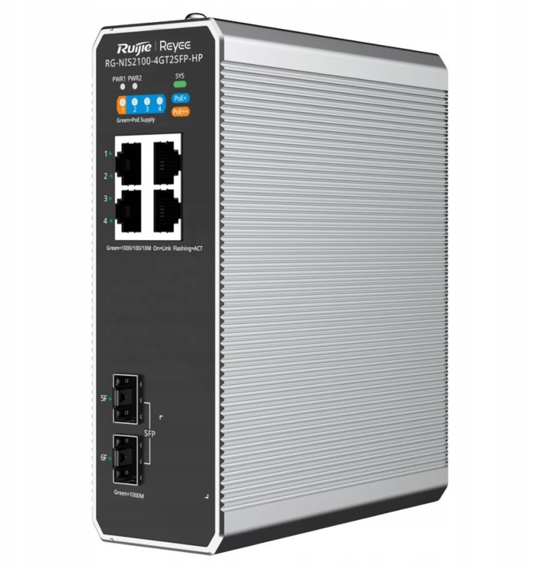 TP-Link Ruijie Reyee RG-NIS2100-4GT2SFP-HP| Switch zarządzalny przemysłowy, 6 portów, 4xGE, 1xPoE++, 3xPoE+, 180W, 2xSFP, L2, Cloud