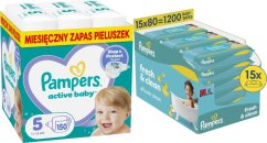 Pampers Pieluchy Active Baby 5, 11-16 kg, 150 szt. +1200szt. chusteczek Freshclean
