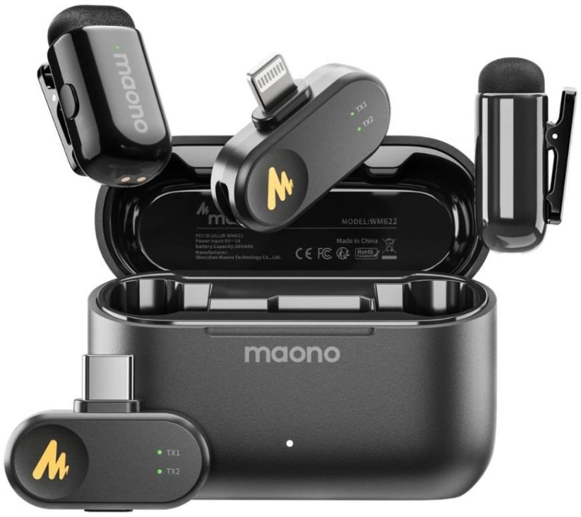 Maono maono Wave T1 Mini (USB-C &amp; Lightning + Charge Case) Black (Juodi) Belaidžiai Mikrofonai