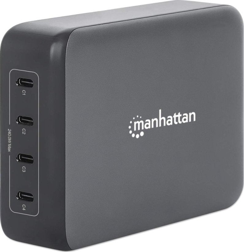 Manhattan MANHATTAN 4-Port GaN USB Power Delivery-Ladestation PD 3.1 Vier USB-C PD-Ports mit bis zu 140W pro Port 240 W Gesamtleistung schwarz