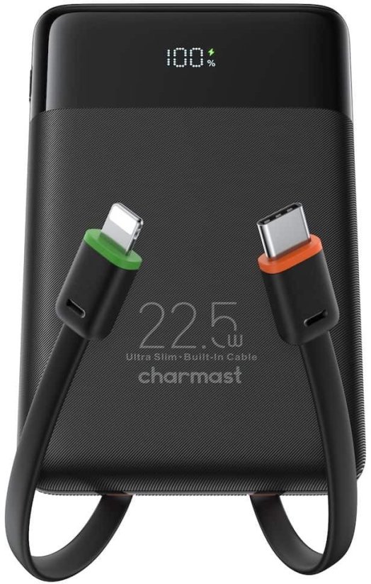 Charmast Powerbank Charmast W1202 PD3.0 3A 22,5W 10000 mAh z wbudowanymi kablami USB C / Lightning Čierny