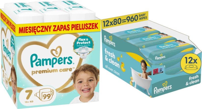 Pampers Pampersy Premium Care 7, 15+ kg, 99 szt. +960szt. chusteczek Freshclean