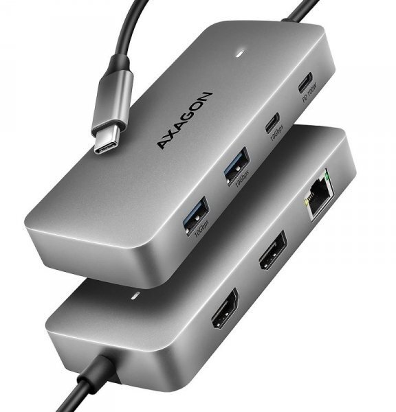 Axagon HMC-CUB83X2, USB 10Gbps hub, 2x USB-A, USB-C, HDMI & DP 4k/144Hz, RJ-45 GLAN, PD 100W, kabel USB-C 15cm