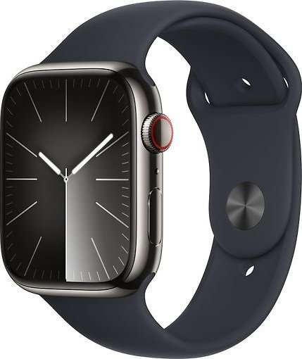 Apple Watch Series 9 GPS + Cellular, 45mm Koperta ze stali nierdzewnej w farbaze mocnego grafitu z paskiem sportowym w farbaze północy - M/L