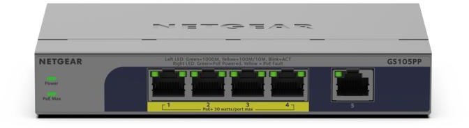 NETGEAR NETGEAR GS105PP - Switch - unmanaged - 1 x 10/100/1000 + 4 x 10/100/1000 (PoE+) - Desktop, wandmontierbar - PoE+ (83 W)