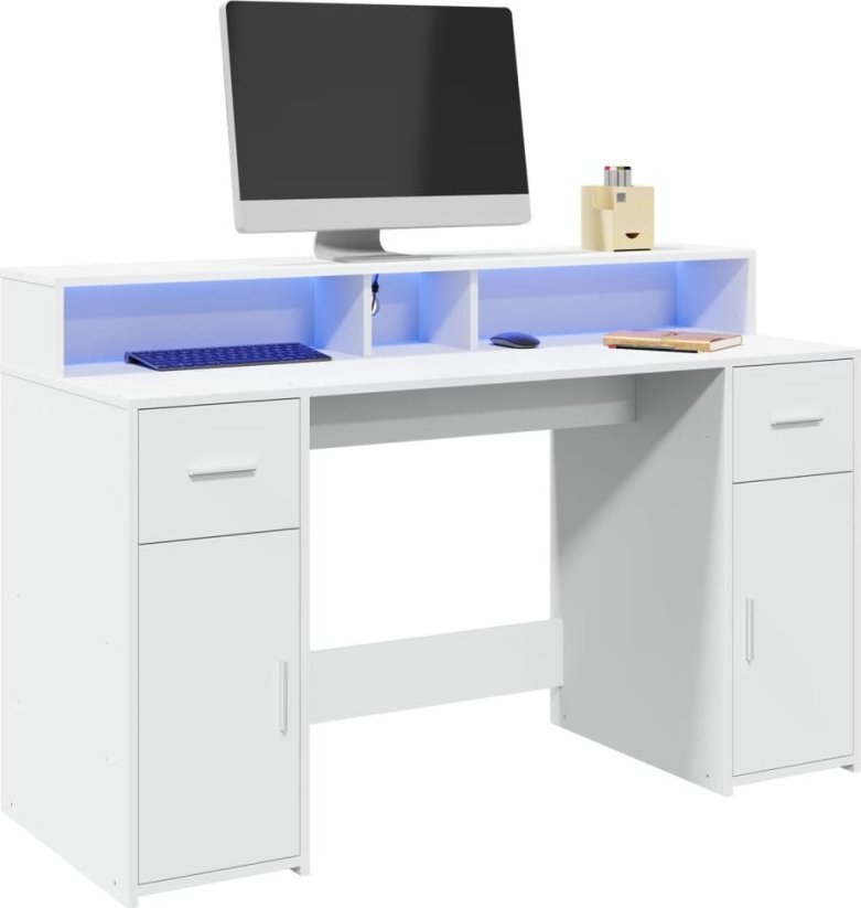 vidaXL Biurko z podświetleniem LED, biele, 140x55x91 cm