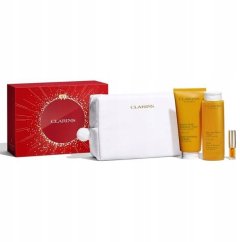 Clarins Set Clarins: Aroma, Essential Oils, Hydrating, Body Oil, 200 ml + Aroma, Essential Oils, Shower Gel, All Over The Body, 200 ml + Lip Confort, Lip Oil, 01, 1.4 ml *Miniature + Clarins, Zippered, GWP Textile Pouch, White Unisex